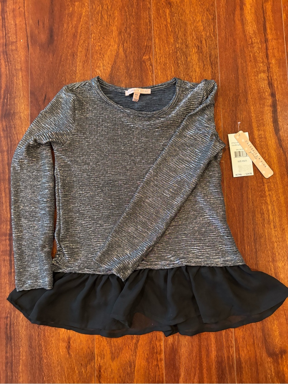 Celebrity Pink Metallic Gray Long Sleeve Top with Black Chiffon Ruffle